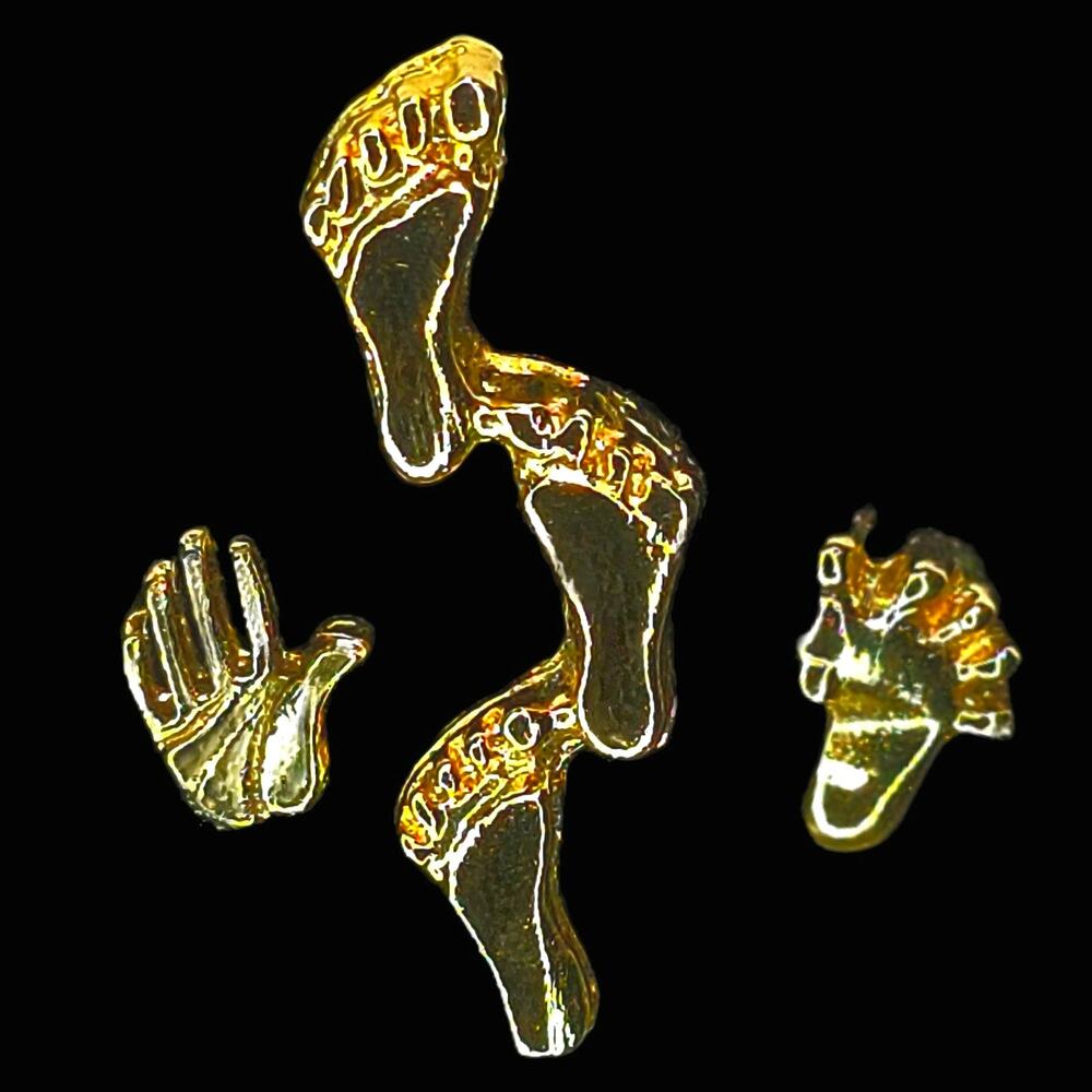 VTG 18k Gold Posts Stud Baby Hand and Foot Earrings and Baby Footprint Pin
